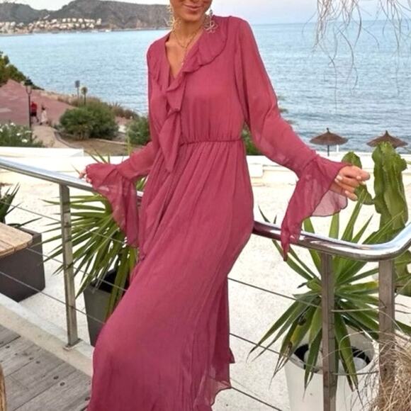 ZARA Georgette Ruffled Midi Dress Size M Dusty Pink Mauve‎ Romantic Feminine - Picture 2 of 13